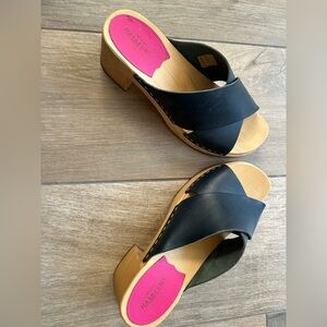 Swedish Hasbeens Black Leather Annette Clogs